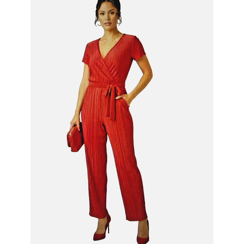Almost Famous Red Pleated Plisse Wide Leg Jumpsuit S